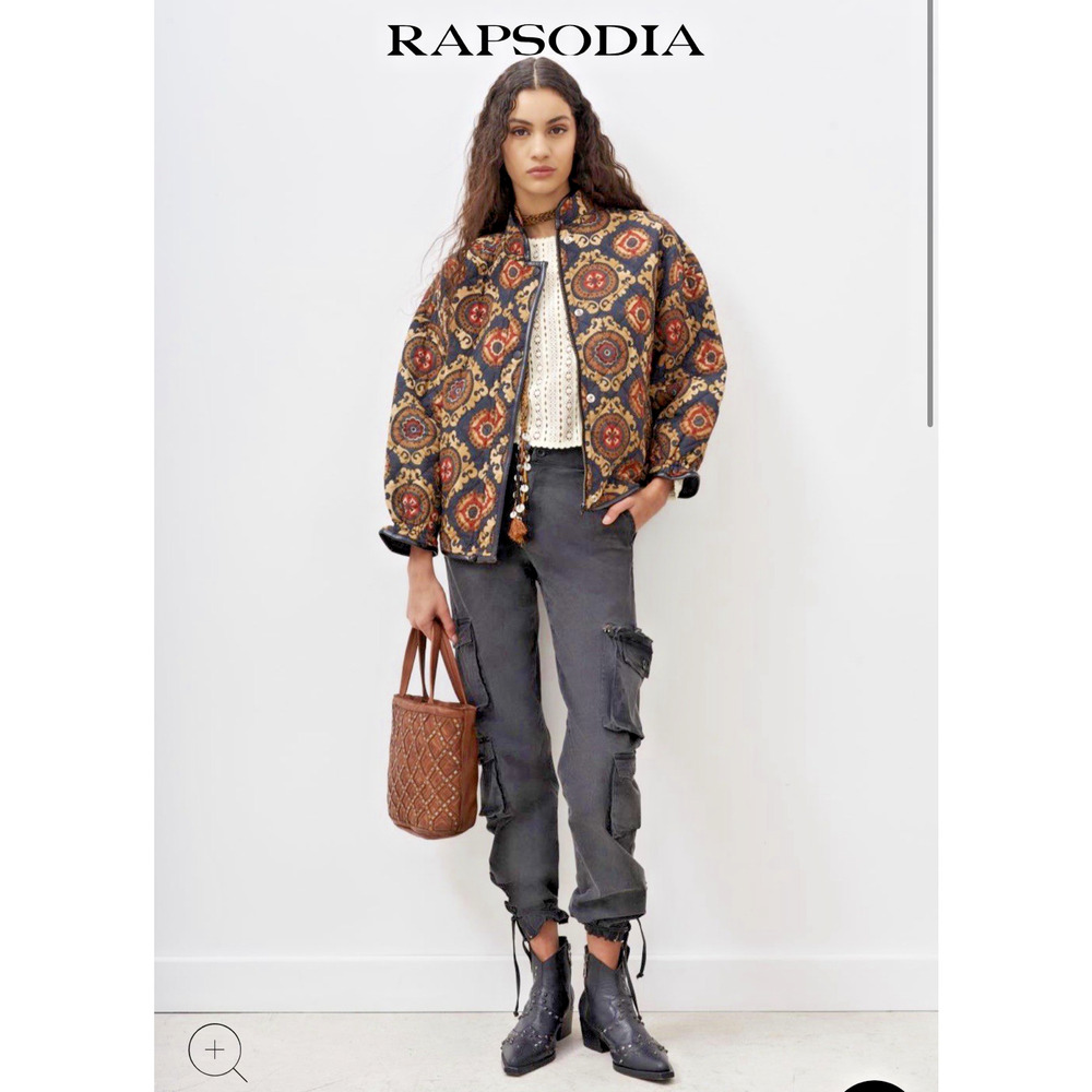 Rapsodia Yuko Suzani Quilted Jacket Womens S Black Boho Floral Zip Snap Coat